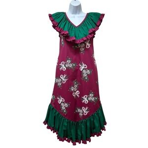 Vtg Princess Kaiulani Hawaiian Floral Bow Boquet Ruffle Midi Dress M NEW